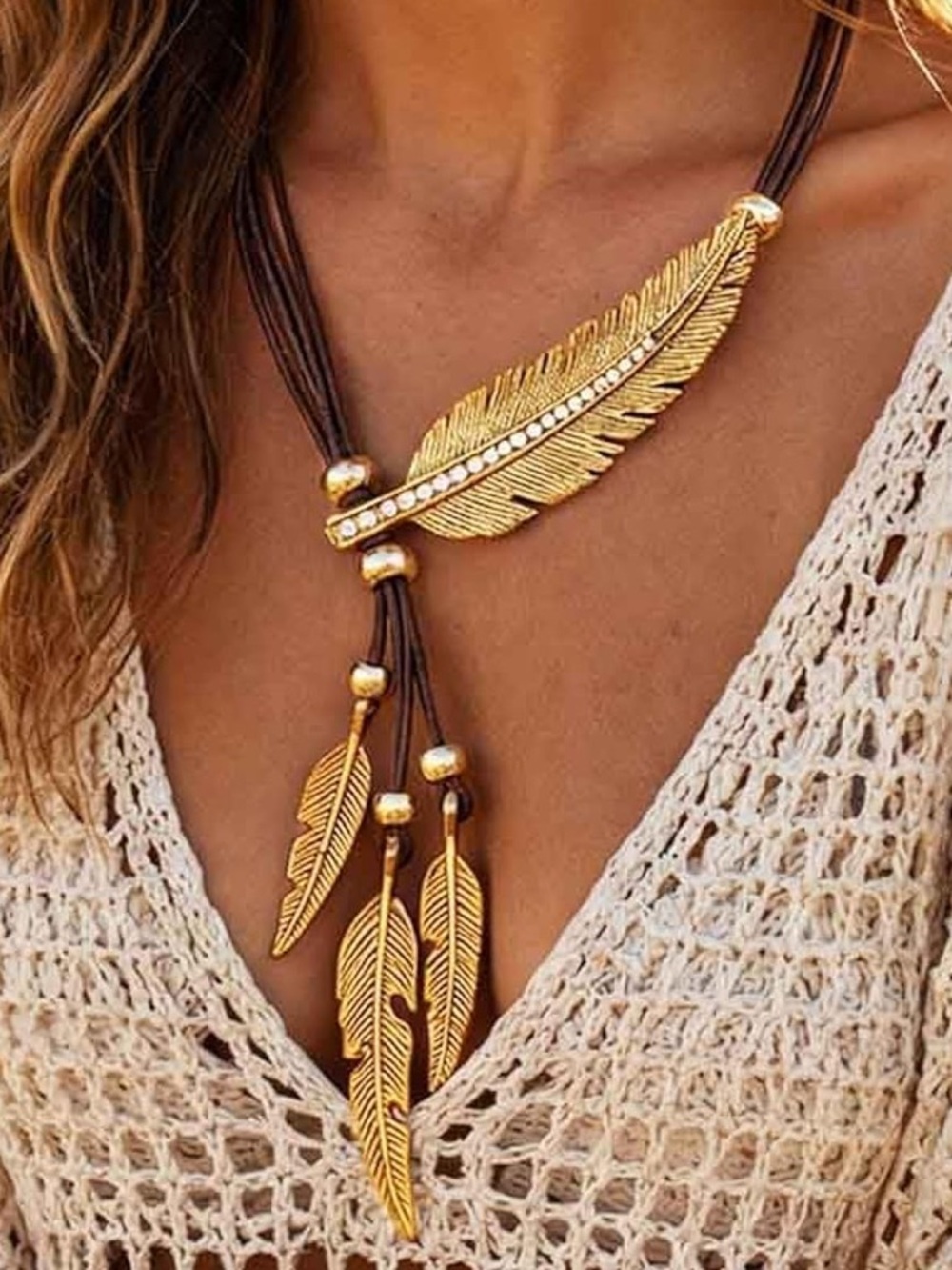 Gold Feather Lariat Necklace with Brown Cord